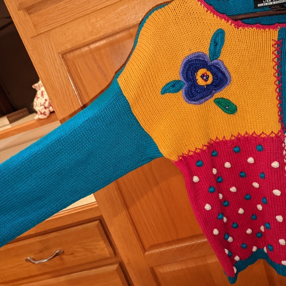 Vintage SKY wear Pink Blue Floral Flower Embellished Women size M Sweater - Picture 5 of 11